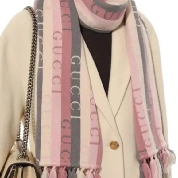 Gucci Scarf Wool Stripes Logo GG Barbie Pink - Picture 5 of 11